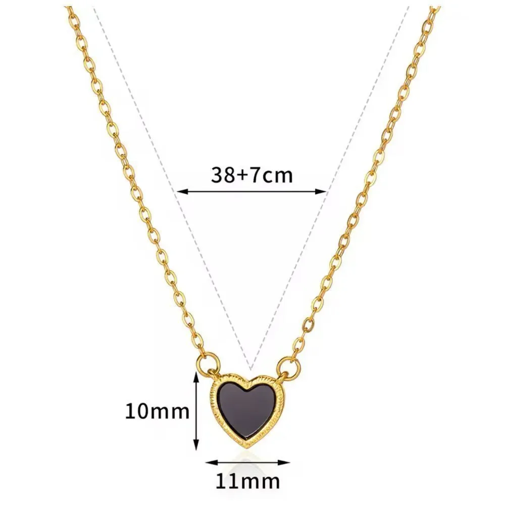 Dainty Gold Heart‎ Pendant Necklace Black Enamel Chain Minimalist Jewelry 38+7cm